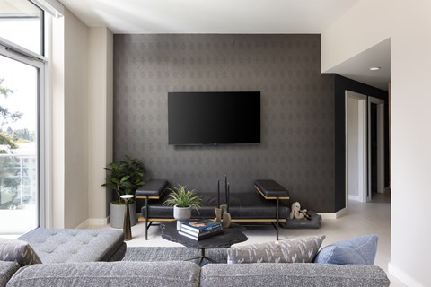 A modern living room with a grey sofa and a black television.