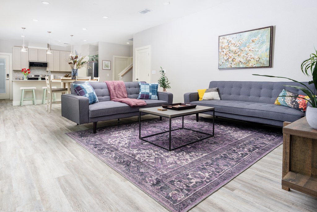 Living Room with Wood-Style Flooring, Purple Rug, and Two Sofas at Mihir Taylor, Taylor, TX