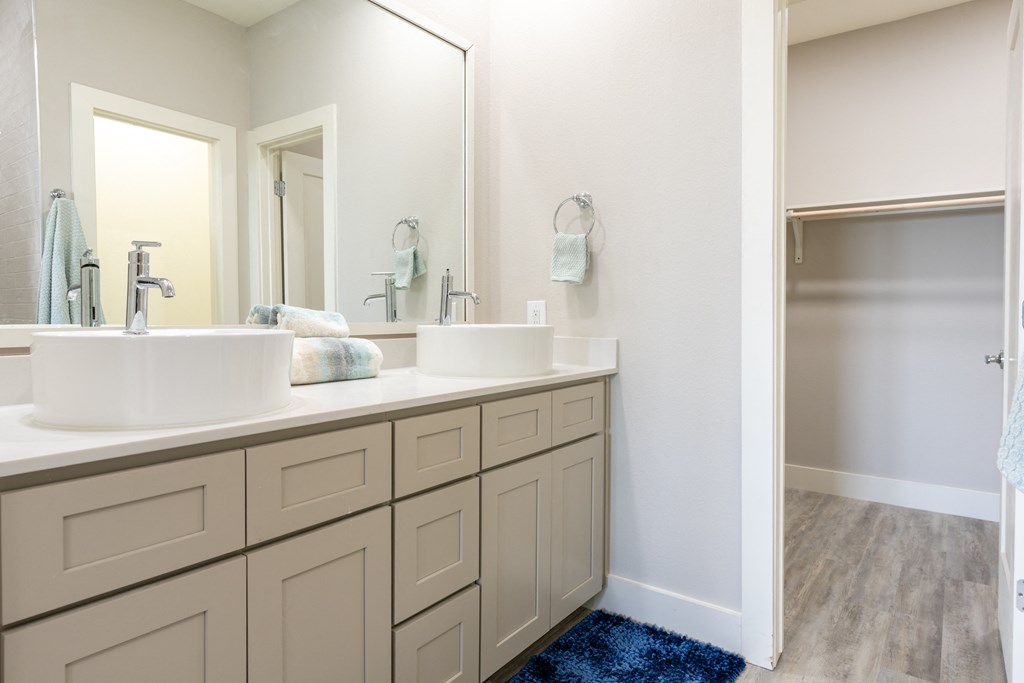 Bathroom with Large Closet, Wood-Style Flooring, and Large Mirror at Mihir Taylor, Texas