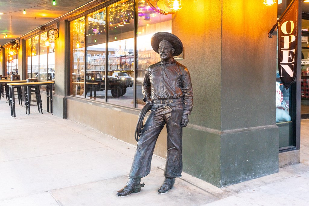 a statue of a man in a cowboy hat standing on a sidewalk at Mihir Taylor, Taylor