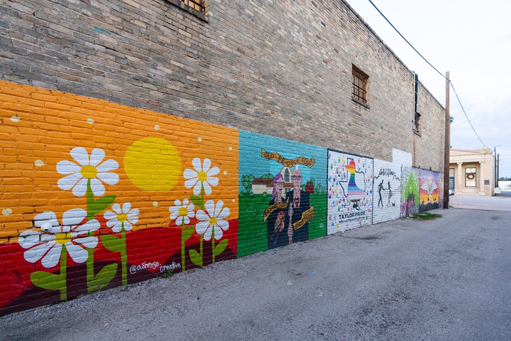 a mural on the side of a brick wall with flowers at Mihir Taylor, Taylor, TX