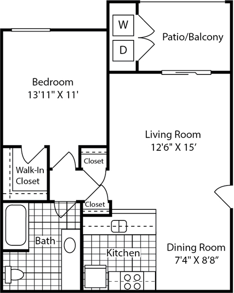A – 1 Bedroom 1 Bath Floor Plan Layout – 670 Square Feet