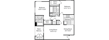 B – 2 Bedroom 2 Bath Floor Plan Layout – 897 Square Feet