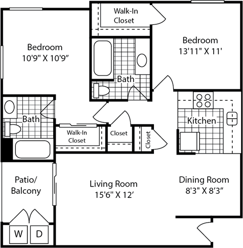 B – 2 Bedroom 2 Bath Floor Plan Layout – 897 Square Feet