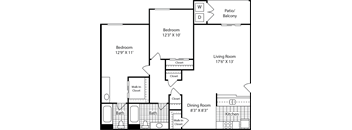 C – 2 Bedroom 2 Bath Floor Plan Layout – 995 Square Feet