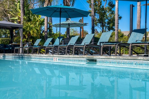 A pool with blue umbrellas and chairs. A pool with blue umbrellas and chairs. at Missions at Chino Hills Apartments, California, 91709