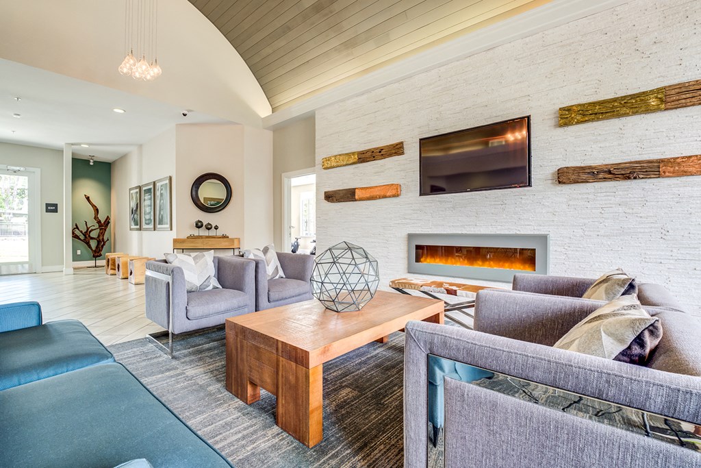 Clubroom with fireplace and TV