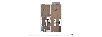 A floor plan of an apartment with a bedroom, living room, kitchen, and bathroom.