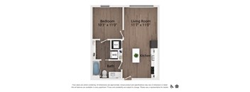 A floor plan of an apartment with a bedroom, living room, kitchen, bath, and a workspace.