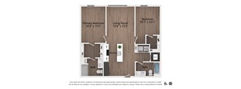 A floor plan of an apartment showing a primary bedroom, living room, kitchen, and two bathrooms.