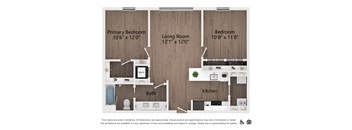 A floor plan of an apartment with three bedrooms and a kitchen.