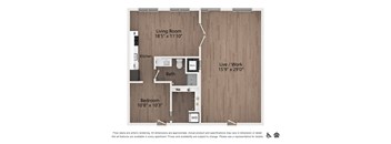 A floor plan of an apartment showing a living room, kitchen, bath, and bedroom.