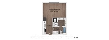 A floor plan of a living/bedroom area with a kitchen and bath.