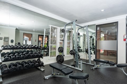 A gym with a variety of equipment including dumbbells, weight plates, and a bench press.