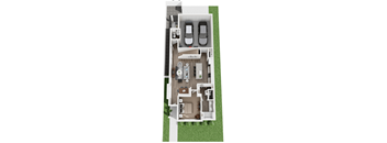 A top-down view of a house with two bedrooms, a living room, a kitchen, and a garage.