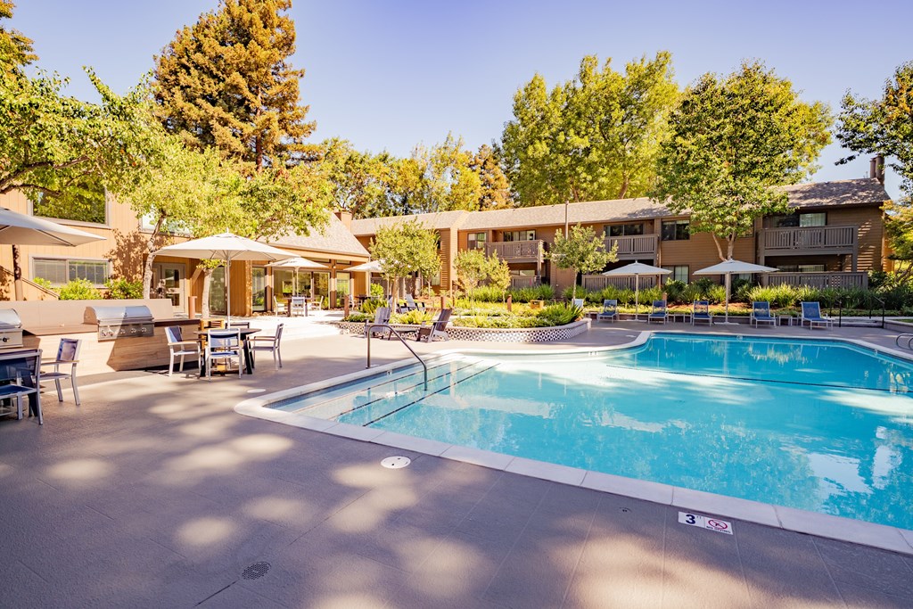 A large swimming pool surrounded by trees and a building in the background.