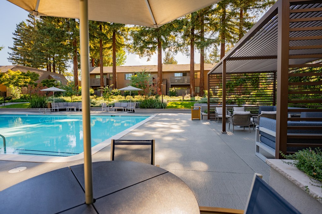 A pool area with a sun umbrella and a bench.