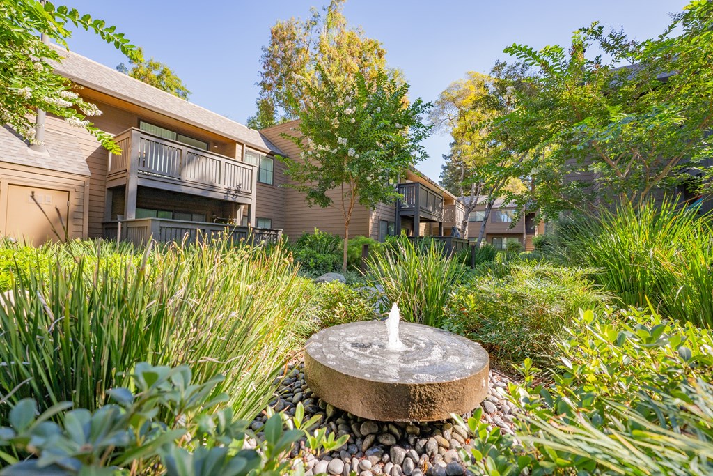 A garden with a fountain in the middle of it.