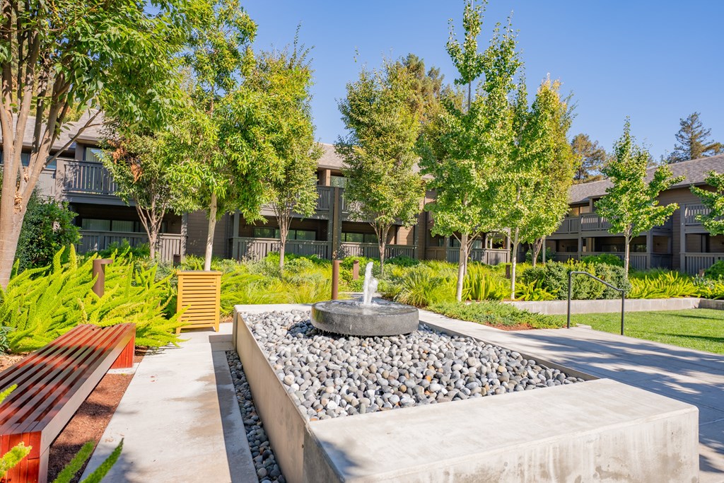 A park with a bench, a fountain and trees.