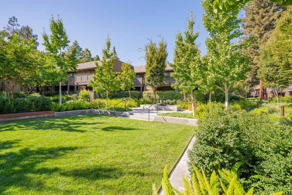 A green lawn with a walking path and trees in front of a building.
