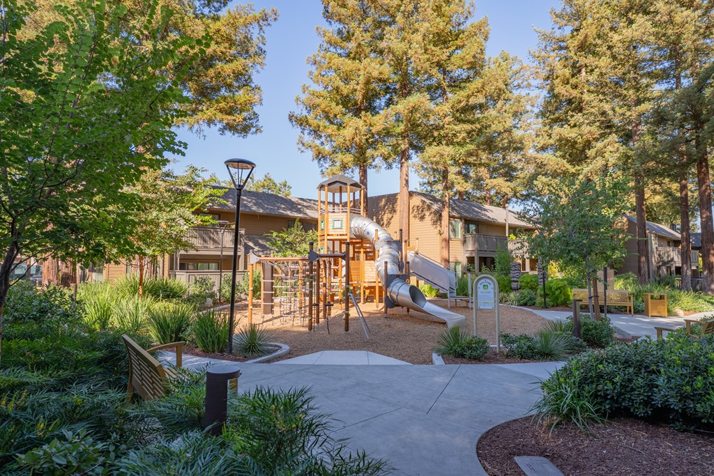 A playground with a slide and a climbing frame surrounded by trees.