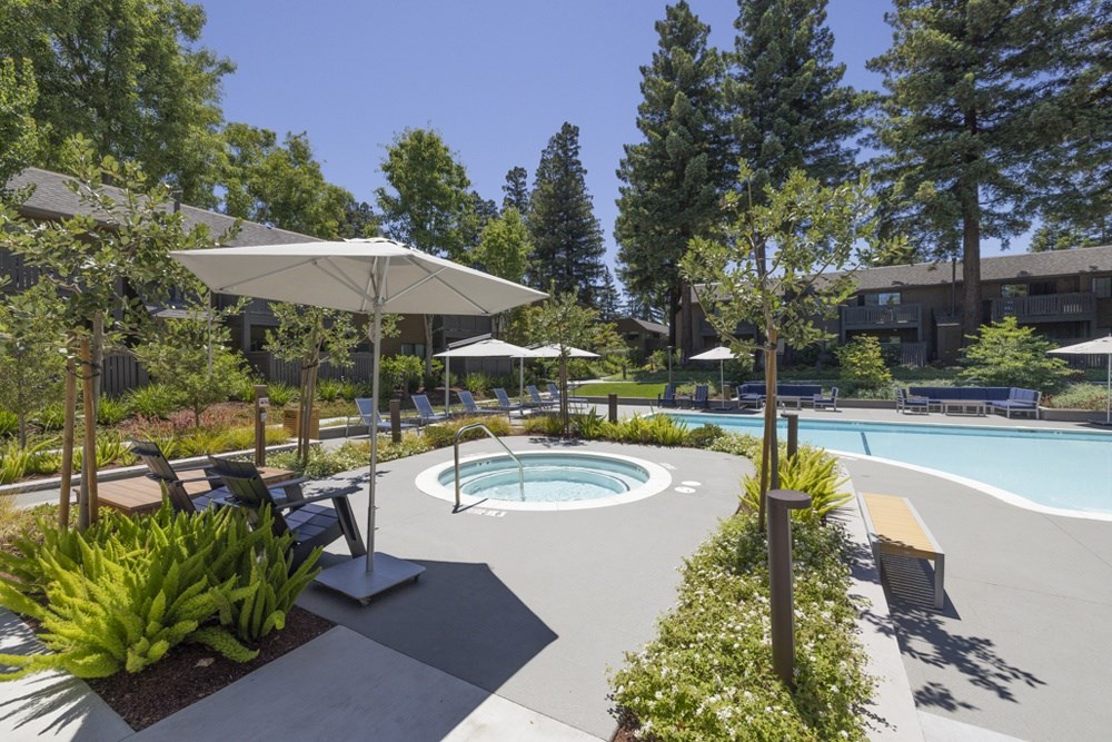 A pool and jacuzzi surrounded by trees and plants.