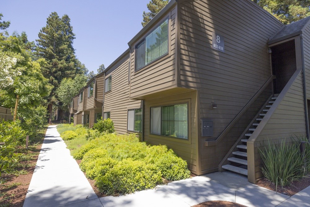 A modern house with a brown exterior and a white walkway in front.