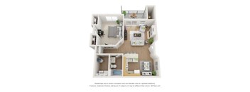 A 3D floor plan of a small apartment with a kitchen, living room, and bathroom.