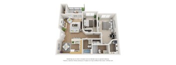 A 3D floor plan of a house with a kitchen, living room, and bathroom.