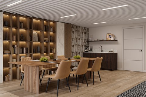 A modern dining room with a wooden table and chairs.