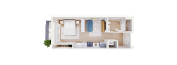 A top-down view of a small apartment layout with a bed, a couch, a kitchenette, and a bathroom.