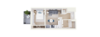 A top-down view of a small apartment layout with a kitchen, living room, and bedroom.