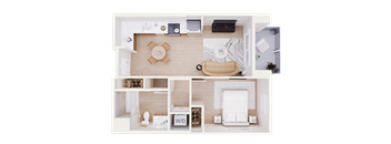 A top-down view of a small apartment with a living room, kitchen, and bathroom.