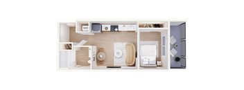 A floor plan of a small apartment with a living room, kitchen, and bathroom.