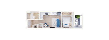 A top-down view of a small apartment layout with a kitchen, living room, and bathroom.