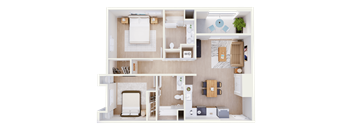 A detailed 3D floor plan of a small apartment with a living room, kitchen, and bathroom.