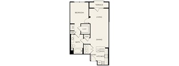 A floor plan of a house with a bedroom, living room, dining room, kitchen, and bathroom.