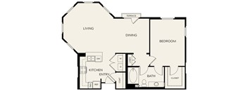 A floor plan of a house with a living room, dining room, kitchen, bedroom, and bathroom.