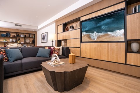 A living room with a grey couch and a wooden coffee table.