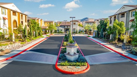 an empty street in a neighborhood with houses and plants