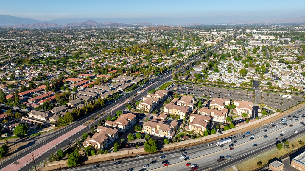 an aerial view of the freeway and suburbs