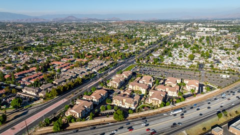 an aerial view of the freeway and suburbs