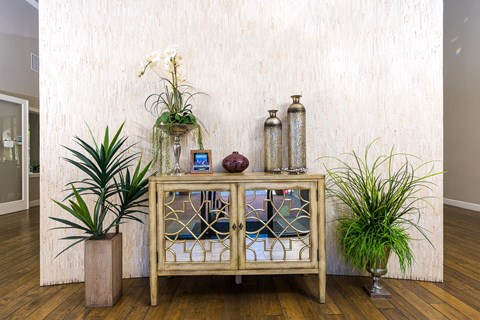a wooden cabinet with glass doors with plants on top of it