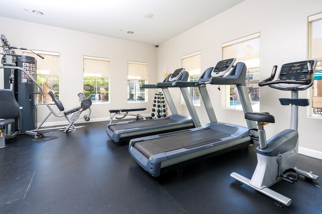 two treadmills and elliptical machines in the fitness room