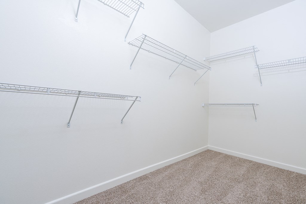 a walk in closet with shelves