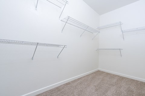 a walk in closet with shelves