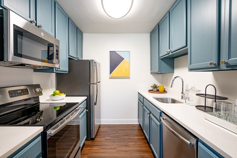 A kitchen with blue cabinets and stainless steel appliances.