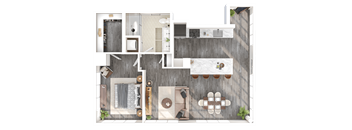 A top-down view of a modern apartment layout with a kitchen, living room, and bathroom.