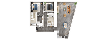 A detailed floor plan of a small apartment with a kitchen, living room, and bedroom.