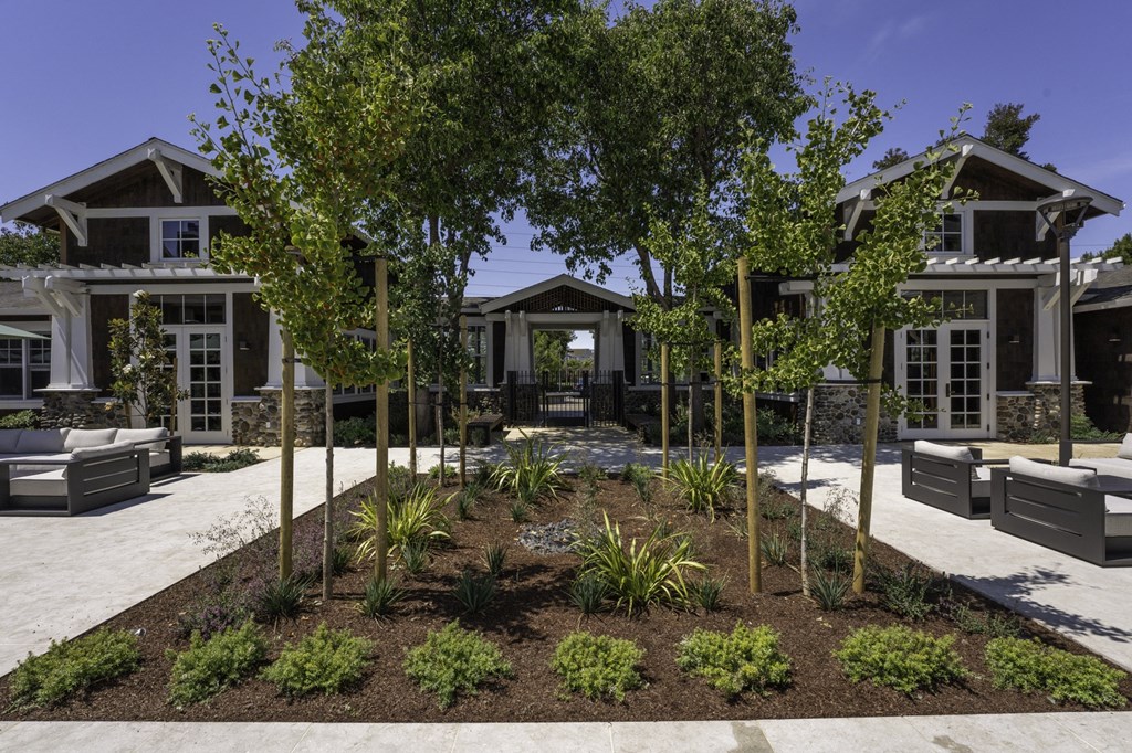 a yard with trees and benches in front of a house